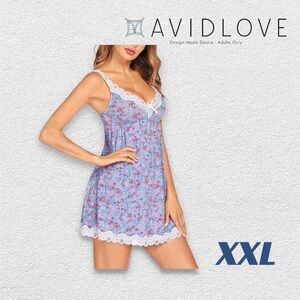 *👍*GUC* AVIDLOVE | XXL| Blue Floral Lace Trim V-Neck Babydoll Nightgown